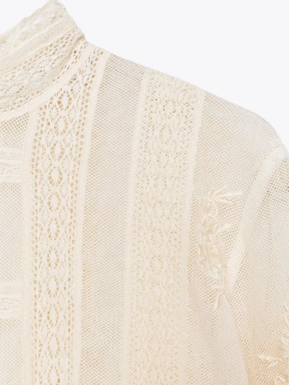 Zara Romantic Lace Blouse Semi-Sheer High Neck Ladder Stitch Size Small - Picture 6 of 15